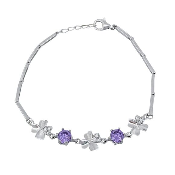 Vintage Sterling Silver 925 Purple Crystal Four Leaf Clover Bracelet 6.25-6.75" - Picture 1 of 4